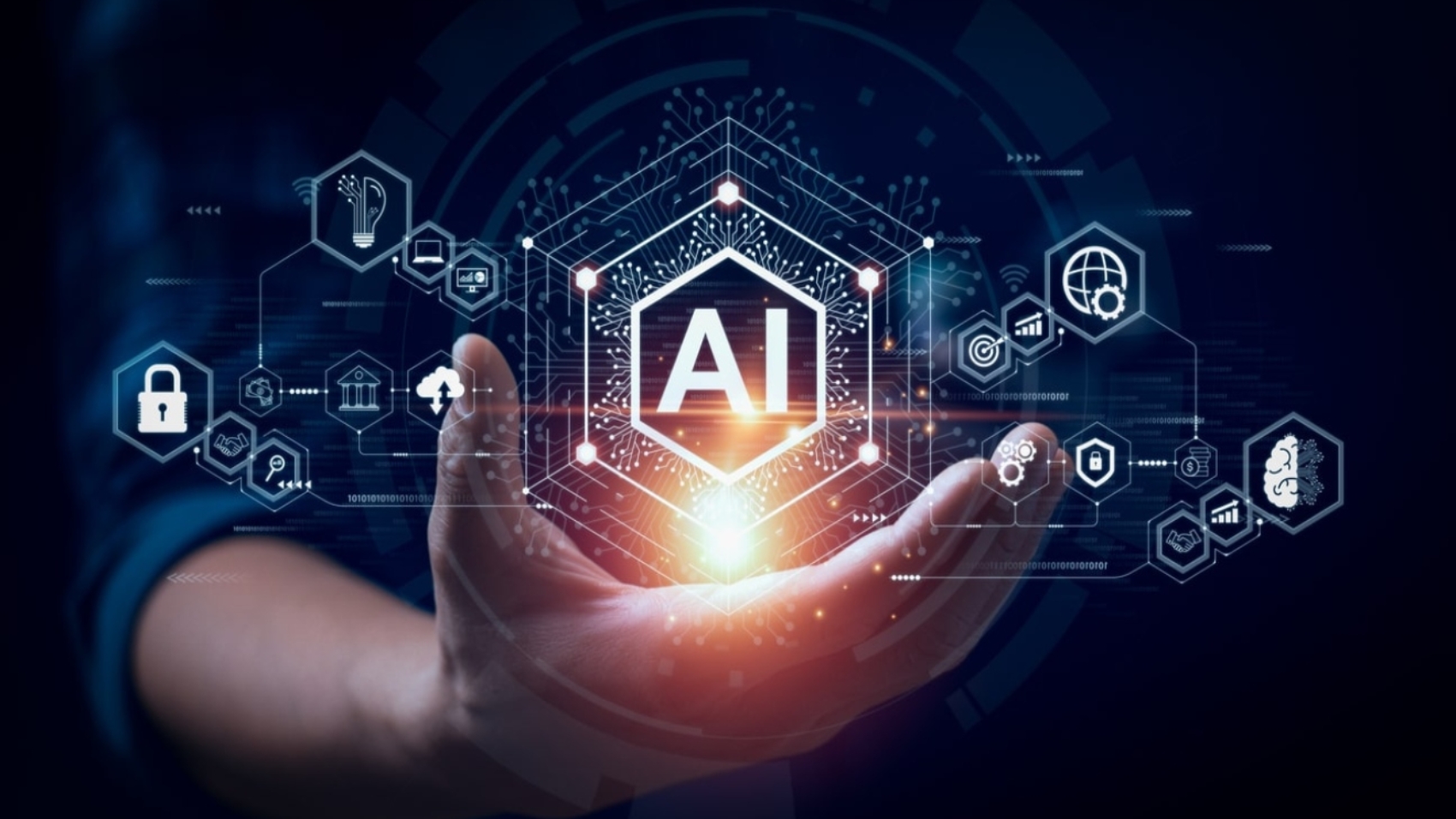 Businessman touching the brain working of Artificial Intelligence (AI) 
Automation, Predictive analytics, Customer service AI-powered chatbot, analyze customer data, business and technology