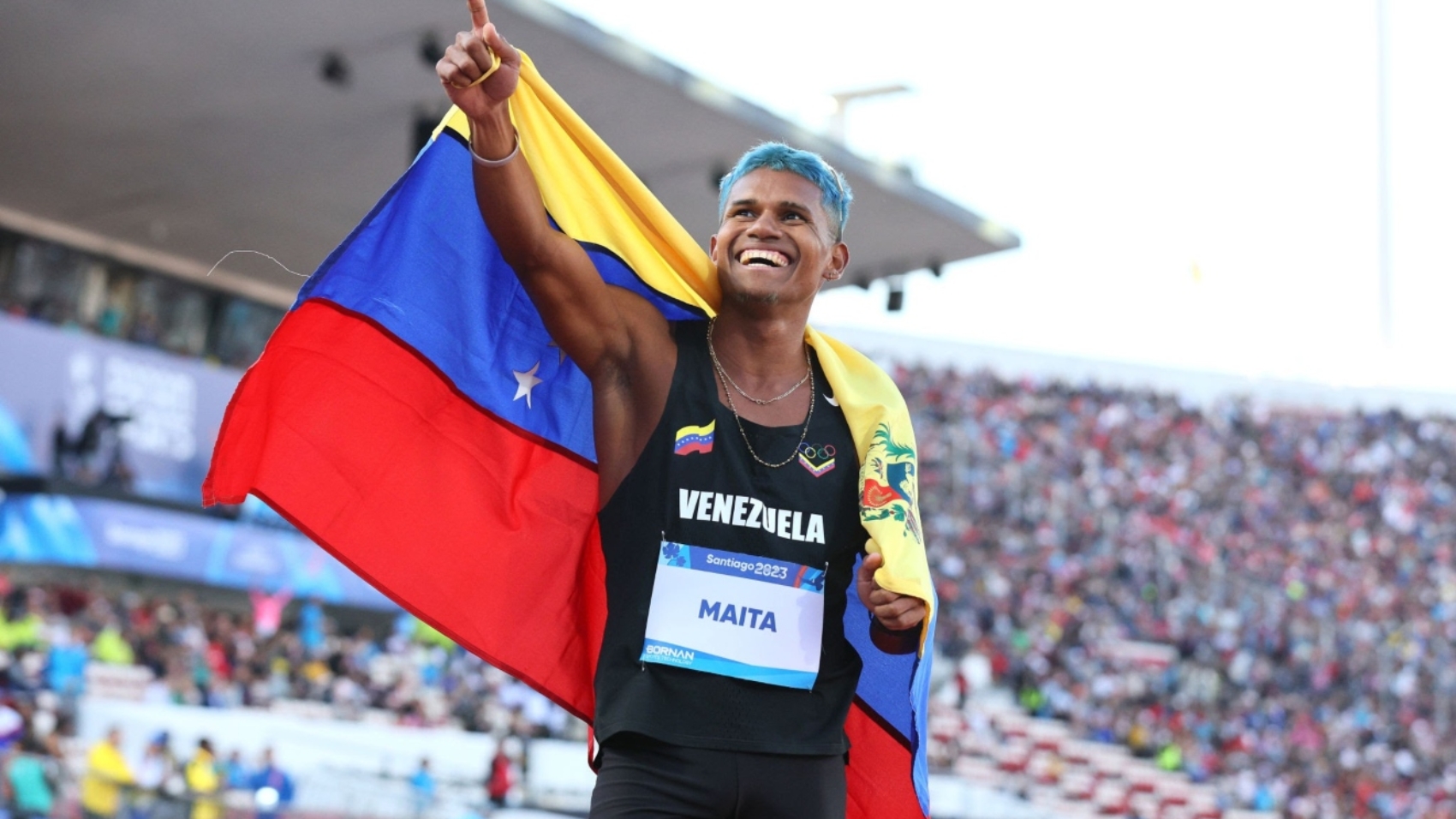 SANTIAGO, CHILE - NOVEMBER 04: Jose Antonio Maita of Team Venezuela wins Men's 800m Final at Estadio Nacional de Chile on Day 15 of Santiago 2023 Pan Am Games on November 04, 2023 in Santiago, Chile. (Photo by Andy Lyons/Getty Images