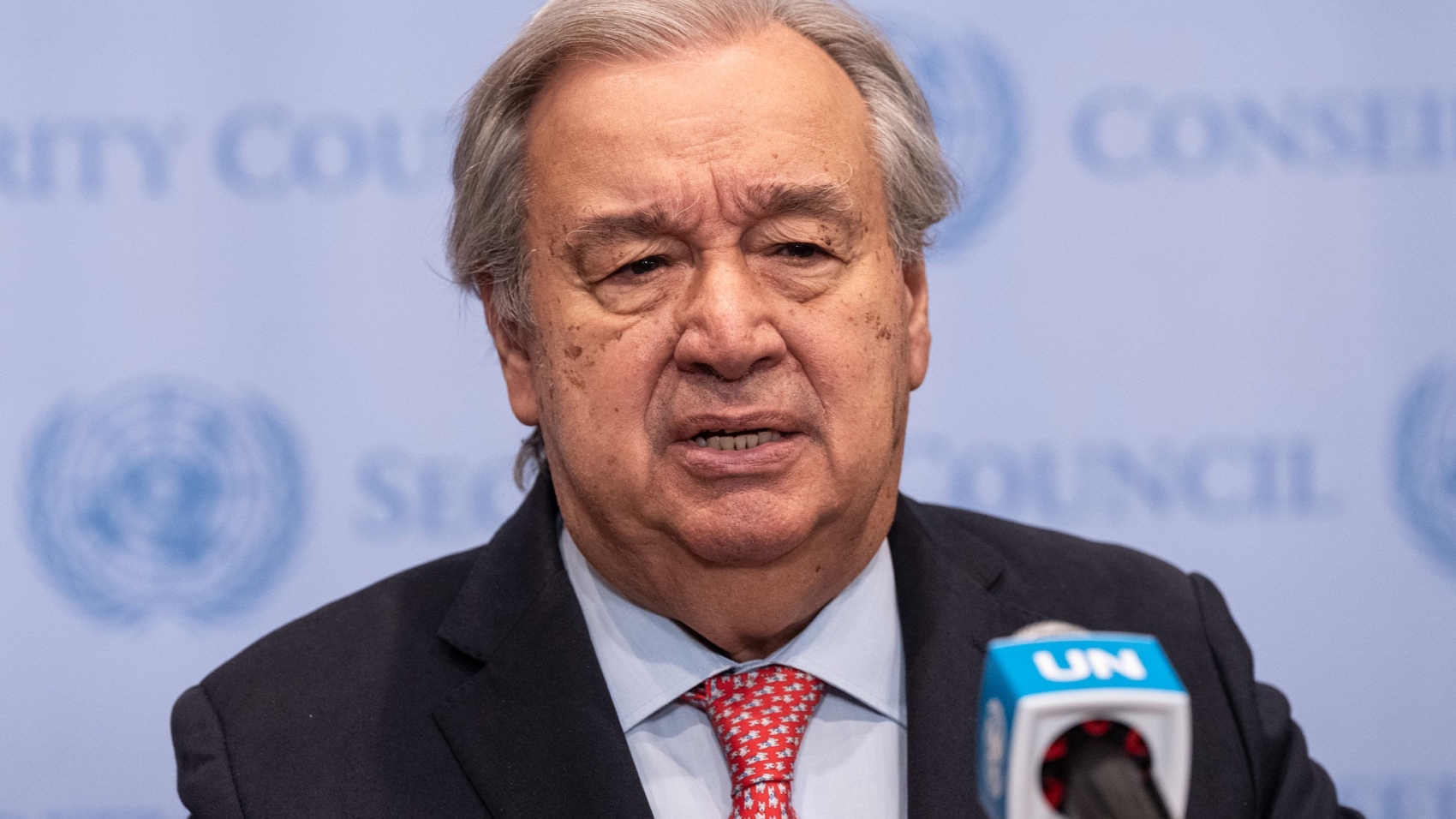 NEW YORK, UNITED STATES - 2025/06/27: UN Secretary-General Antonio Guterres speaks to the press on the situation in the Middle East and Gaza at UN Headquarters. (Photo by Lev Radin/Pacific Press/LightRocket via Getty Images)